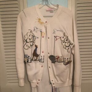 Vintage signed top and skirt outfit with painted wooden animals/ribbons/buttons.